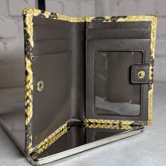 Coach Madison Op Art Sateen Python Embossed Leather Trim Gold Bifold Wallet - Picture 11 of 16